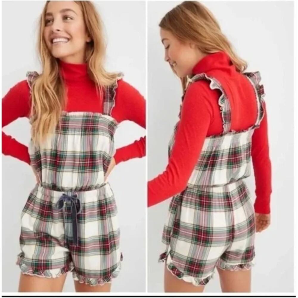 Aerie Plaid Flannel Romper Size Small New with Tags Sleeveless Pockets